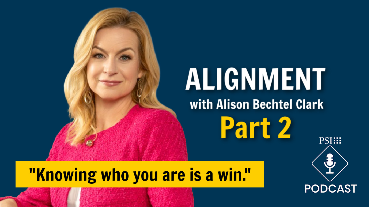 Podcast cover: Alison Bechtel Clark in a pink top against a dark blue background, promoting Part 2 of ‘Alignment’ with a yellow quote banner reading “Knowing who you are is a win.”