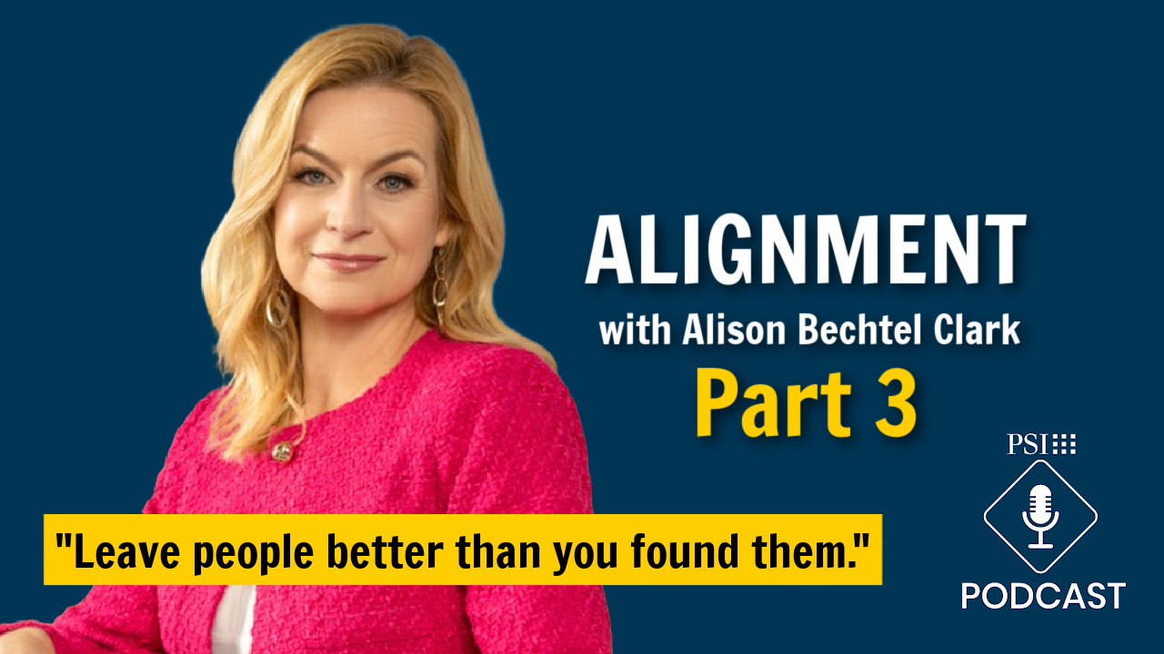 Promotional banner for the 'Alignment' podcast with Alison Bechtel Clark; woman in pink sweater and a yellow quote strip: 'Leave people better than you found them.'