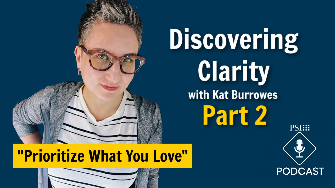 Podcast cover: Kat Burrows with glasses on a blue background, bold white title 'Discovering Clarity' and yellow banner 'Prioritize What You Love'
